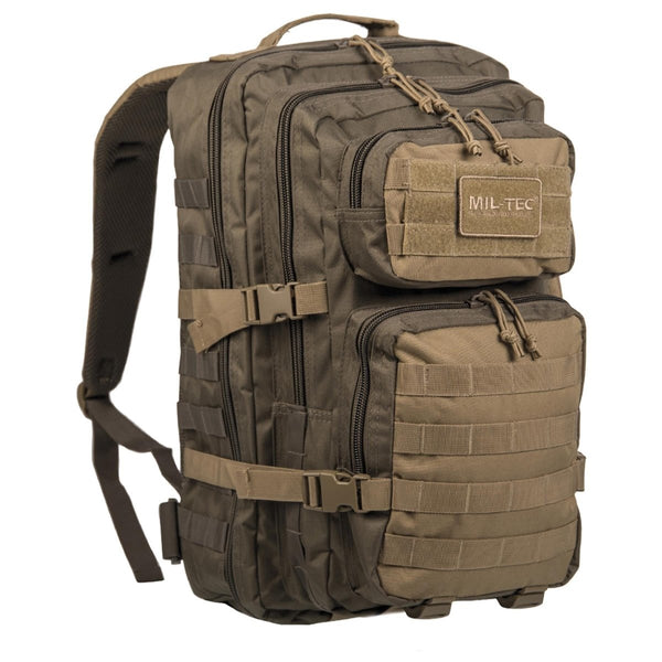 MIL-TEC U.S. Assault Ranger olive 20L tactical backpack with multiple compartments and adjustable straps for hiking and trekking.