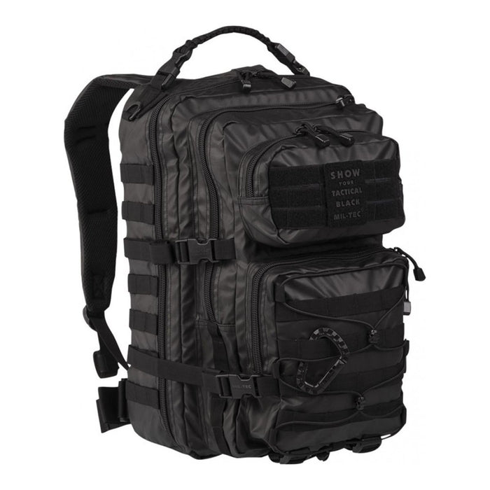 Zaino tattico MIL-TEC U.S. Assault Ranger nero con scomparti multipli e spallacci imbottiti, capacità 36 litri, rivestito in PVC.