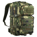 MIL-TEC U.S. Assault 36L backpack in woodland camo with multiple compartments and adjustable straps for hiking and tactical use