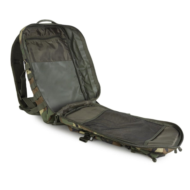 Open MIL-TEC U.S. Assault 36L woodland camo backpack showing interior compartments and padded straps