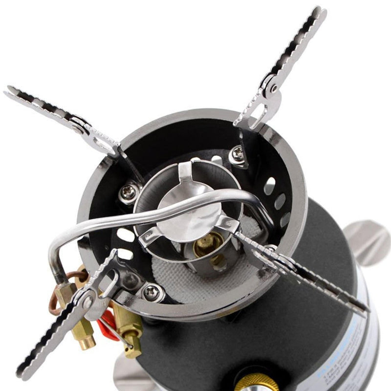 Close-up of MIL-TEC M-95 military-style liquid fuel burner petrol stove with fold-out pot supports and ignition pump