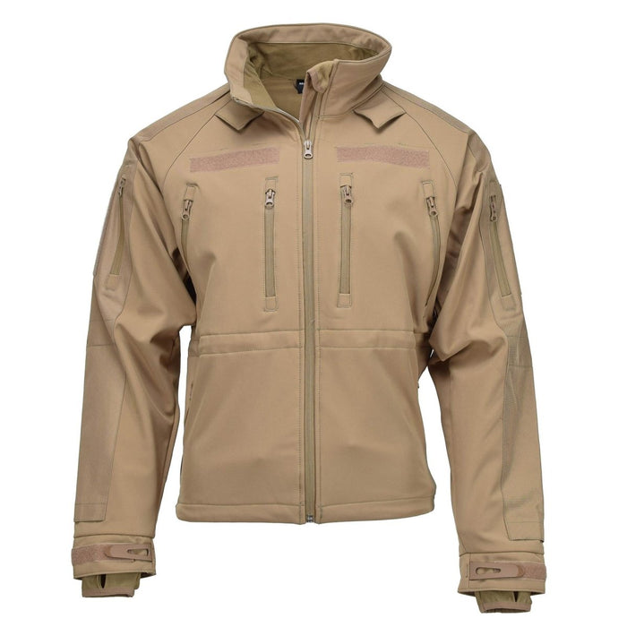 Giacca da trekking softshell MIL-TEC coyote con cerniere antitempesta, fodera in pile e polsini regolabili per uso esterno