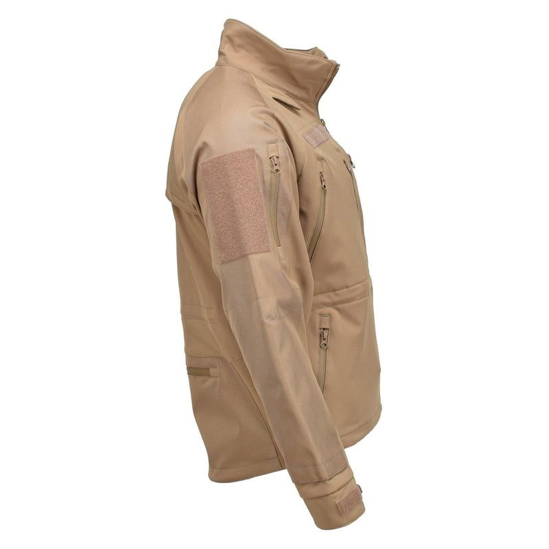 Coyote MIL-TEC windproof soft shell hiking jacket with fleece liner, stormproof zips, and durable fabric design.