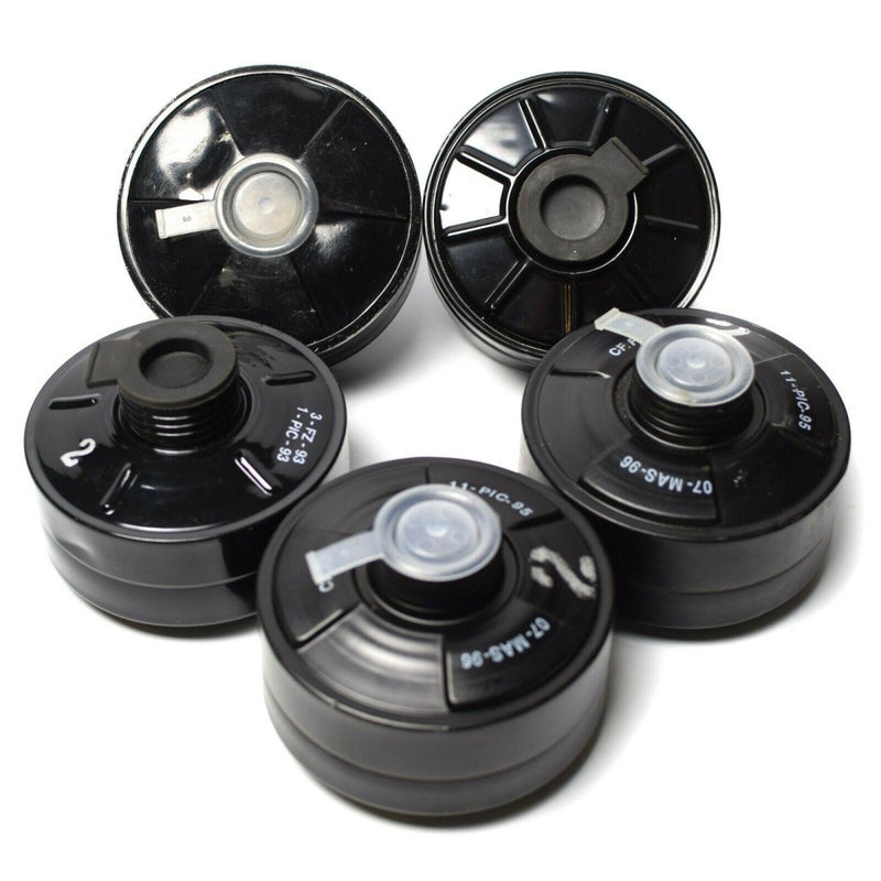 Set of five black modern filter CF F3 40mm cartridge gasmask filter canisters for respiratory protection collection