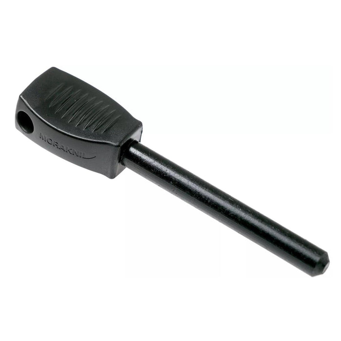 Accendifuoco in acciaio leggero MORAKNIV in nero con impugnatura strutturata per una facile presa, ideale per il campeggio e l'uso all'aperto.