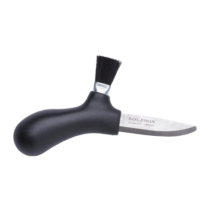 Coltello per raccogliere funghi MORAKNIV con manico ergonomico nero, lama in acciaio inossidabile riciclato e spazzola per la pulizia collegata.
