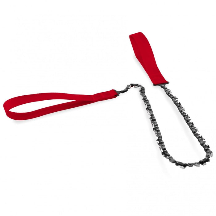 Sega tascabile nordica compatta con catena in acciaio trattato termicamente resistente e manici in nylon rosso per il taglio del legno portatile all'aperto.