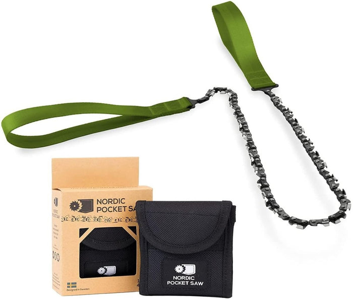 Motosega manuale compatta Nordic Pocket Saw con manici in nylon verde e custodia nera con scatola di imballaggio