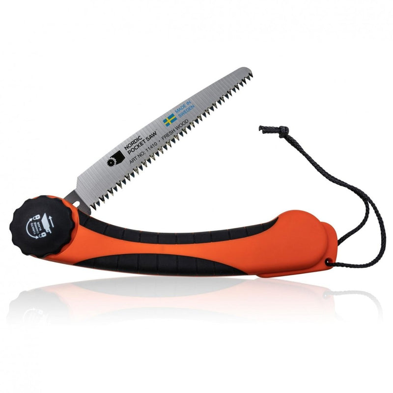 Compact Nordic Pocket Saw with orange handle and folding heat-treated steel blade for camping and outdoor use