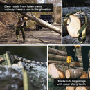 Collage showing the Nordic Pocket Saw cutting wood, its portable size, sharp carbon steel chain, and sturdy handles in outdoor settings.