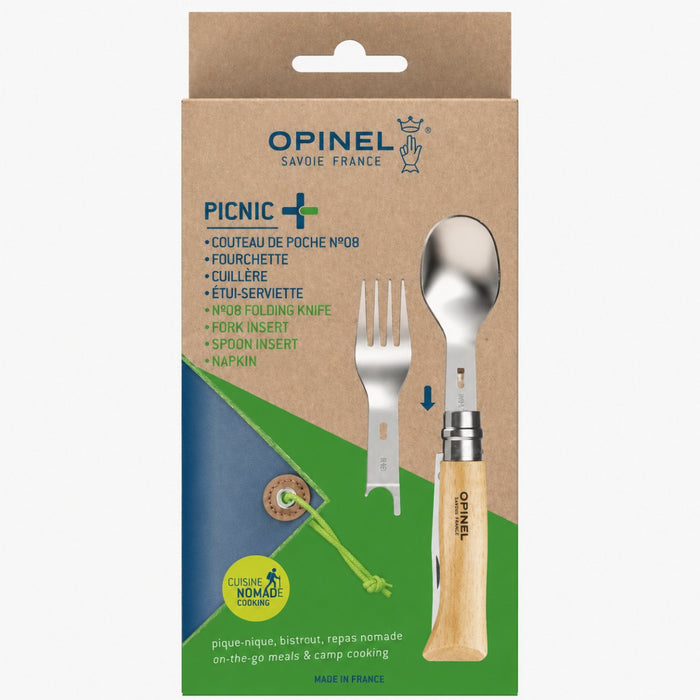Opinel Picnic+ N°08 Cutlery Set Folding Knife Spoon Fork Camping Beech - GoMilitar