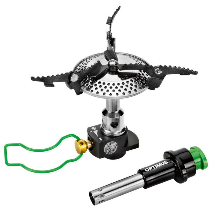 Fornello da campeggio compatto Optimus Crux Lite con bracci pieghevoli e accensione piezoelettrica per cucinare con lo zaino in spalla leggero.