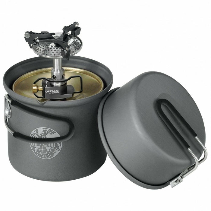 Fornello da campeggio compatto Optimus Crux Lite con bruciatore a gas e pentola, progettato per escursioni leggere e cucina all'aperto.