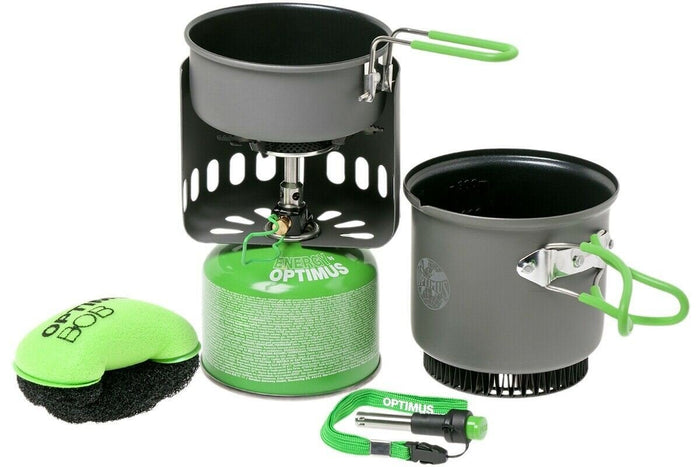 Set fornello da campeggio compatto Optimus Electra FE con pentola, scambiatore di calore e manici pieghevoli per cucinare all'aperto in modo efficiente.