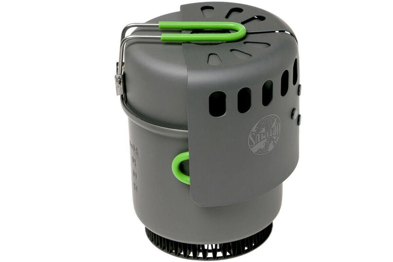 Compact Optimus Electra FE camping stove and pot with heat exchanger, foldable handle, perfect for outdoor cooking.