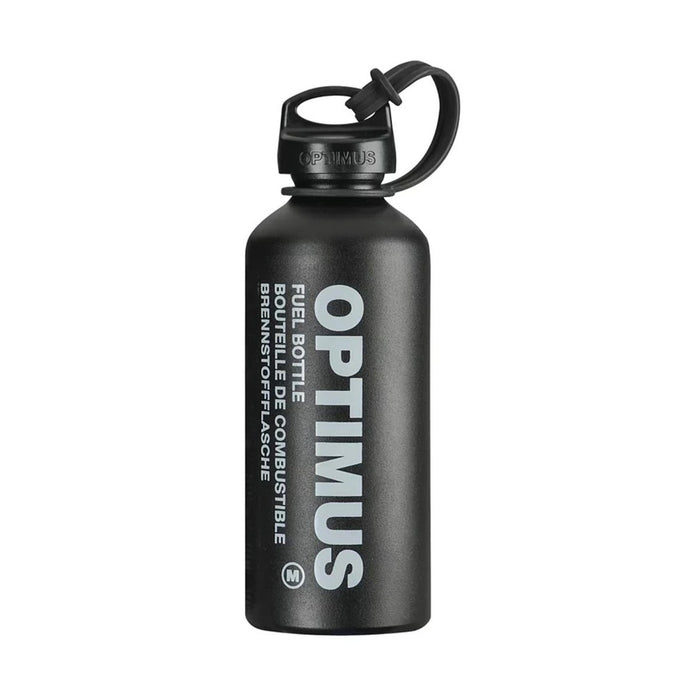Bottiglia per carburante liquido Optimus nera con tappo di sicurezza, design leggero e resistente per uso esterno e stoccaggio sicuro del carburante.