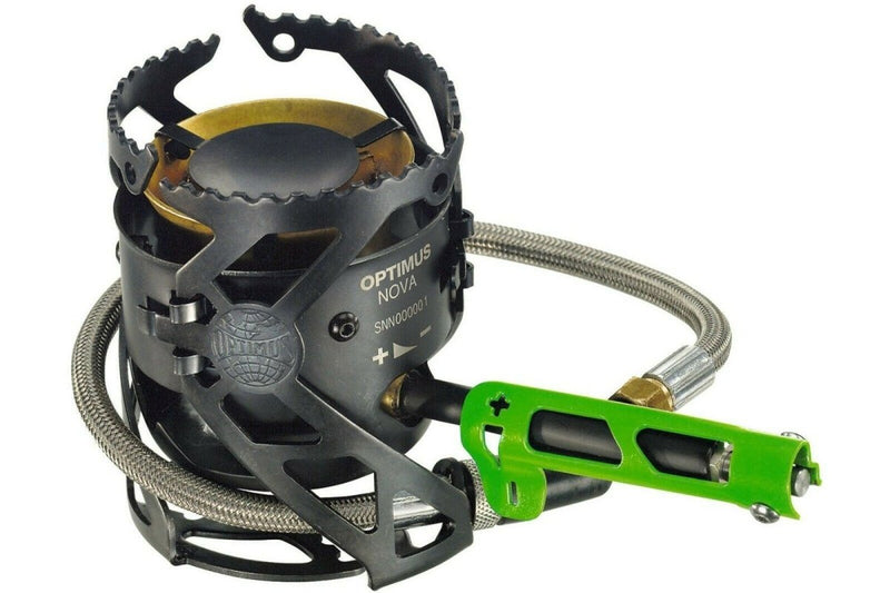 Compact lightweight Optimus Nova multi-fuel stove with adjustable flame control and durable metal base for outdoor cooking.