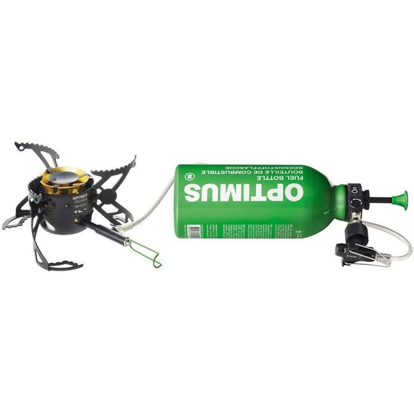 Optimus Polaris foldable camping stove with 0.4L green fuel bottle for hiking and outdoor cooking.