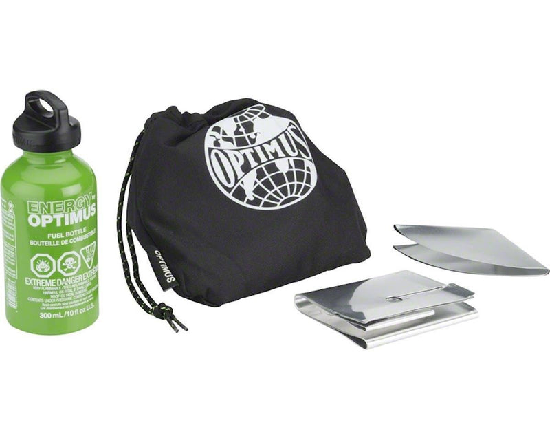 Optimus Polaris camping stove fuel bottle with black storage pouch and foldable heat-reflecting windscreen accessories.