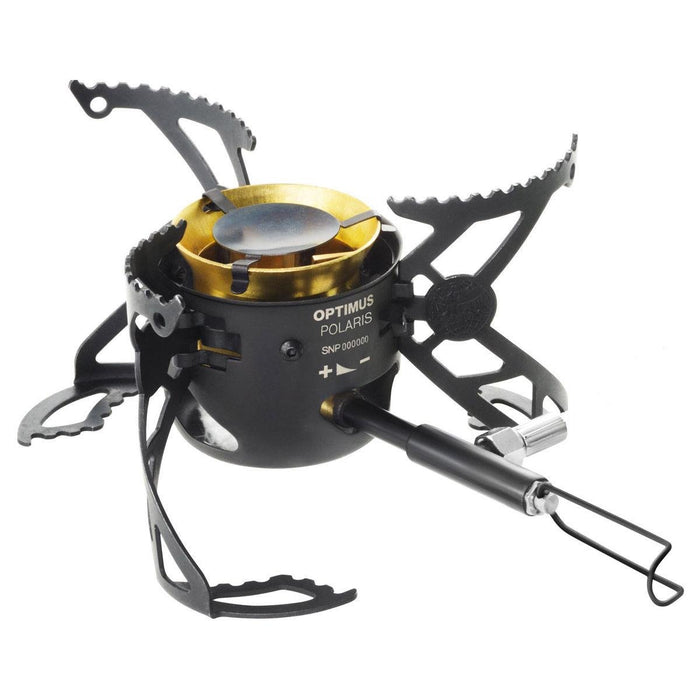 Fornello da campeggio nero Optimus Polaris con gambe pieghevoli, ugello singolo e controllo del carburante regolabile per cucinare all'aperto.