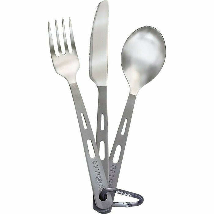 Set leggero di forchetta, coltello e cucchiaio in titanio con manici opachi e moschettone per l'uso in campeggio e in viaggio con lo zaino in spalla.