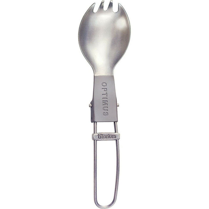 Forchetta in titanio piegata che combina forchetta e cucchiaio, leggera e resistente per l'escursionismo e il campeggio.