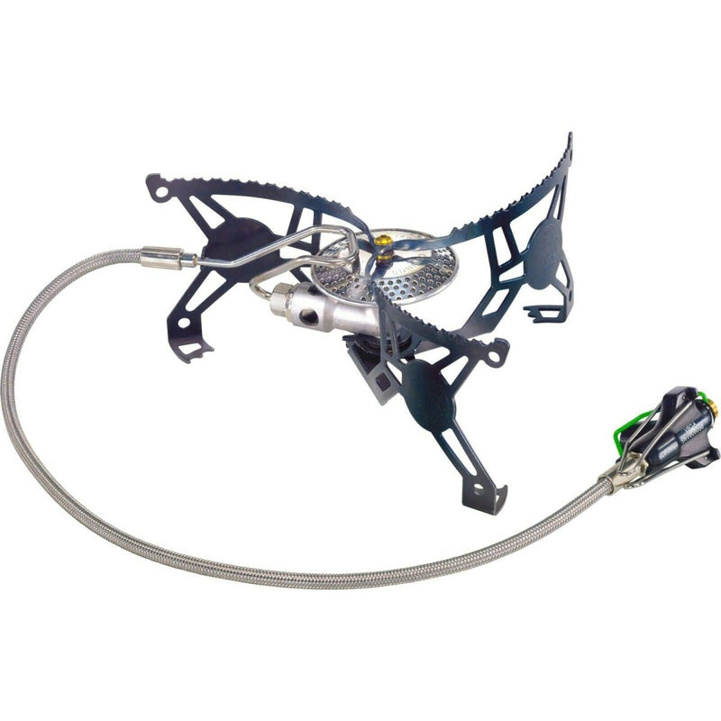 Lightweight portable Optimus Vega camping stove with folding legs and flexible hose for LPG canister fuel.