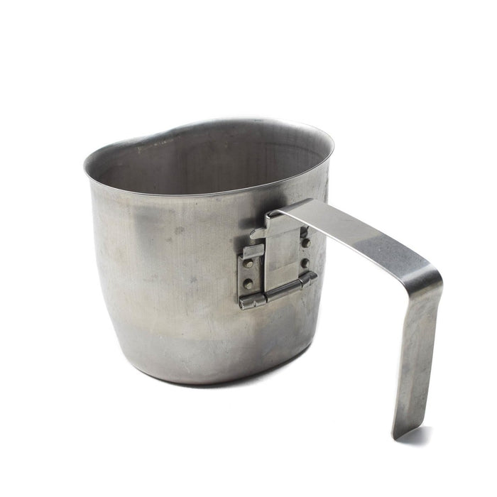 Tazza da mensa vintage militare austriaca in acciaio inossidabile con manico pieghevole, resistente e perfetta per l'uso esterno.