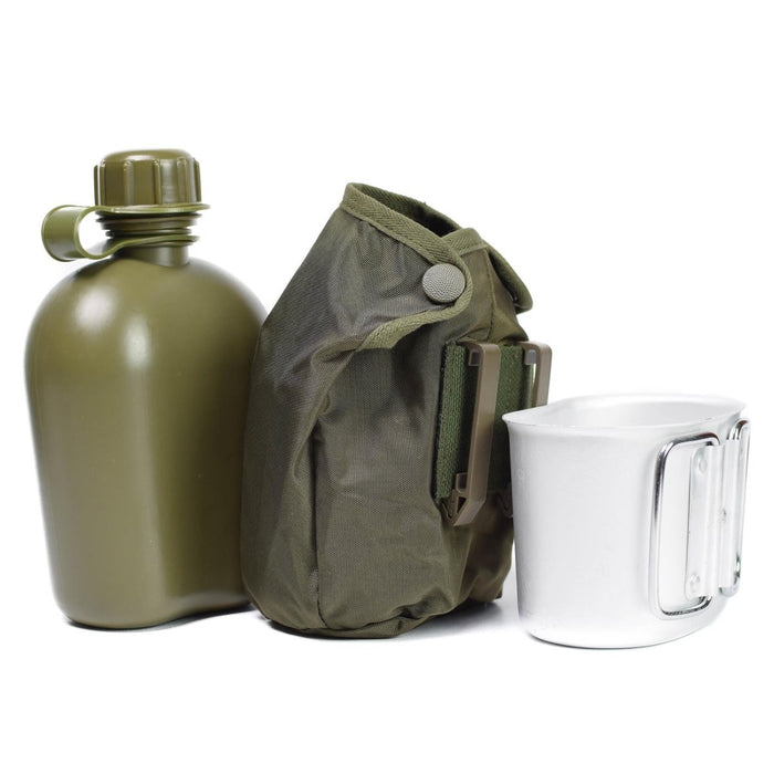 Borraccia originale austriaca verde militare da 1 litro con tazza e custodia, resistente e portatile per uso esterno