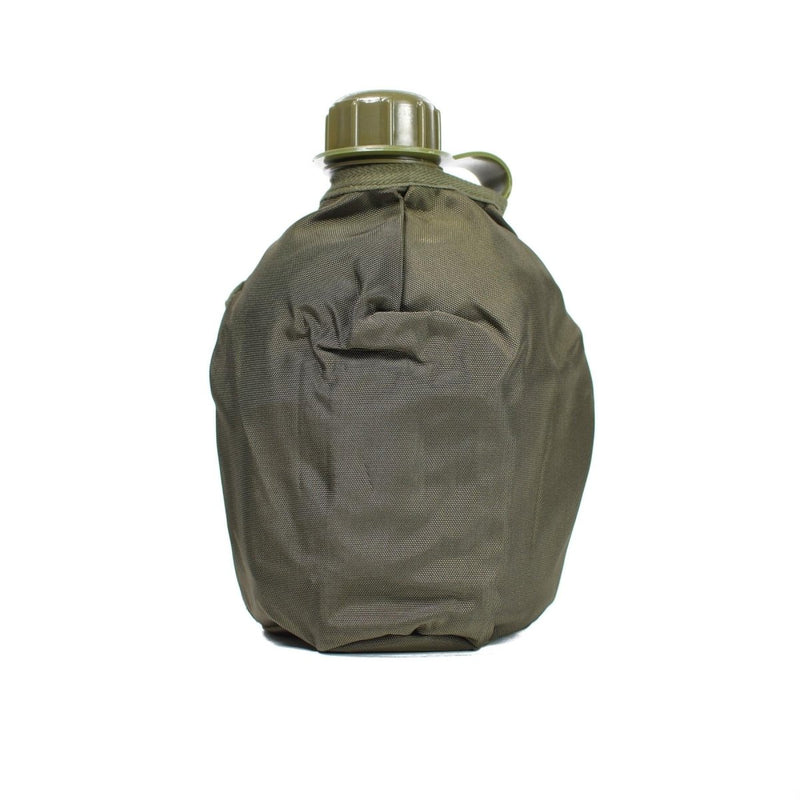 Original Austrian army 1 liter drinking flask in military green with protective cup pouch and screw cap