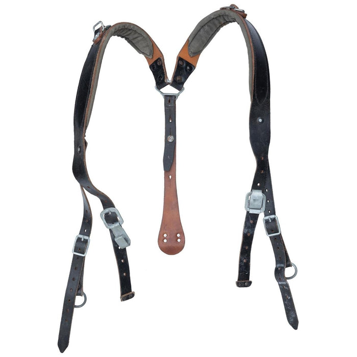 Bretelle vintage originali con cinturino a Y dell'esercito austriaco realizzate in resistente pelle nera con clip in metallo e cinghie regolabili