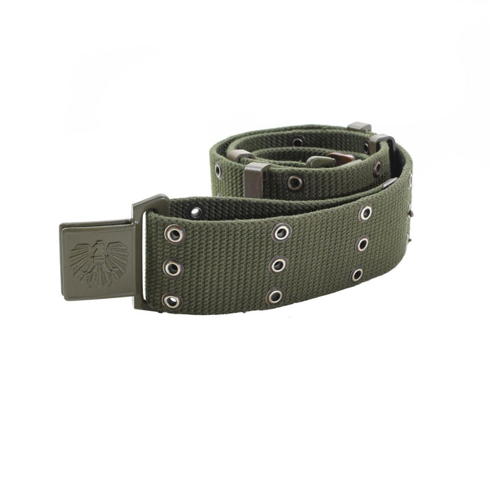 Cintura da combattimento originale militare austriaca in tela verde oliva con attacco in fettuccia Alice e fibbia in metallo.