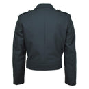 Back view of Original Belgian army wool blouse jacket in dark green, featuring epaulettes and high waist design.