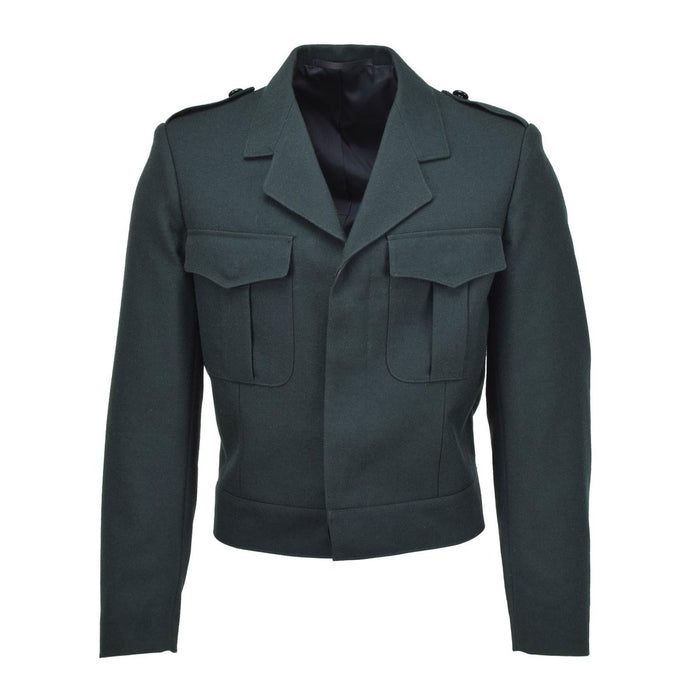 Giacca blusa originale belga in lana verde militare con tasche con bottoni e vita alta, stile surplus militare.