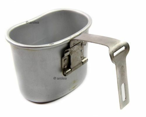 Tazza da mensa in alluminio originale dell'esercito belga con manico pieghevole per uso esterno e militare.