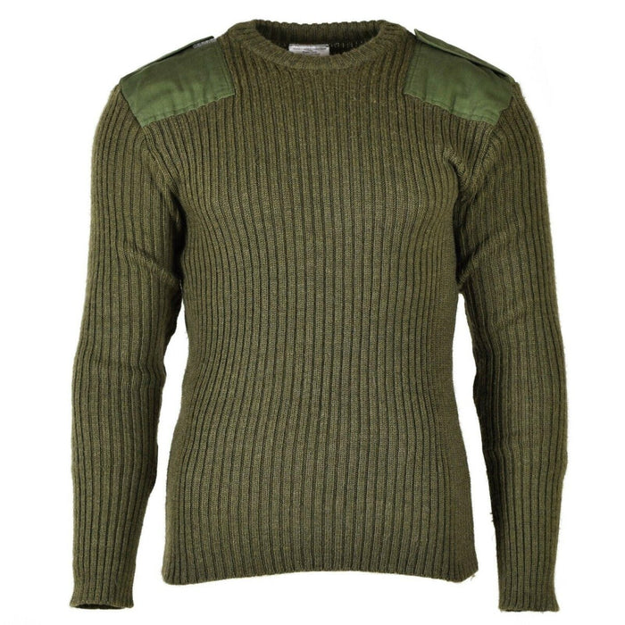Maglione commando originale in lana verde oliva dell'esercito belga con spalle rinforzate, maglia a coste e design resistente.