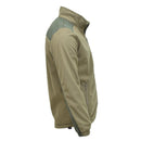Olive Belgian military Windstopper fleece jacket with zippered pockets, high collar, and durable softshell shoulder panels