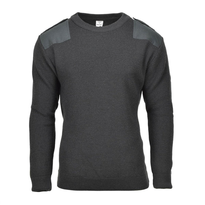 Maglione in lana militare belga originale verde scuro con toppe rinforzate sulle spalle e design girocollo