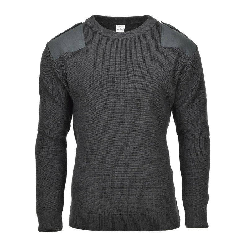 Dark green original Belgian military wool sweater pullover with reinforced shoulder patches and crew neck design