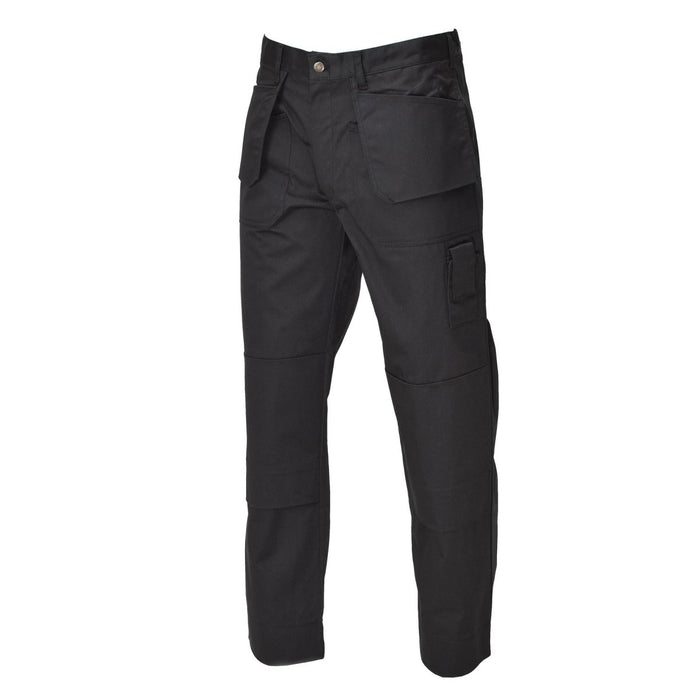 Pantaloni cargo da lavoro militari belgi neri con ginocchia rinforzate e tasche multiple, progettati per resistenza e comfort.