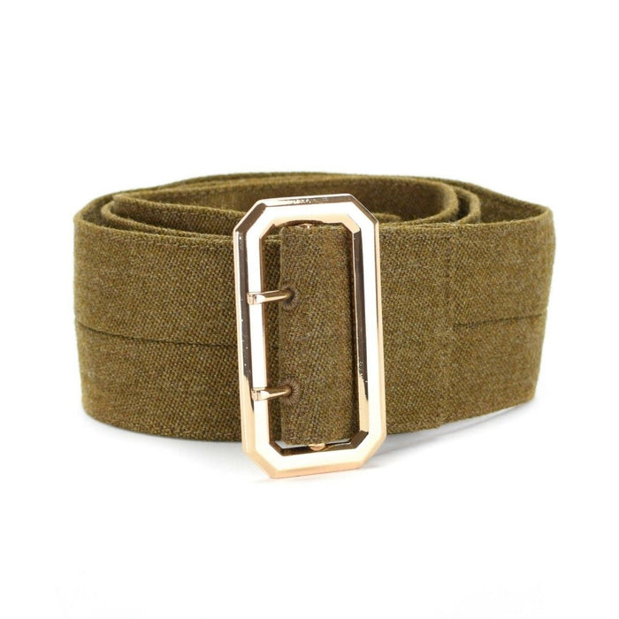 Cintura originale dell'esercito britannico in tela verde oliva con fibbia dorata per tunica e giacca dell'uniforme militare.