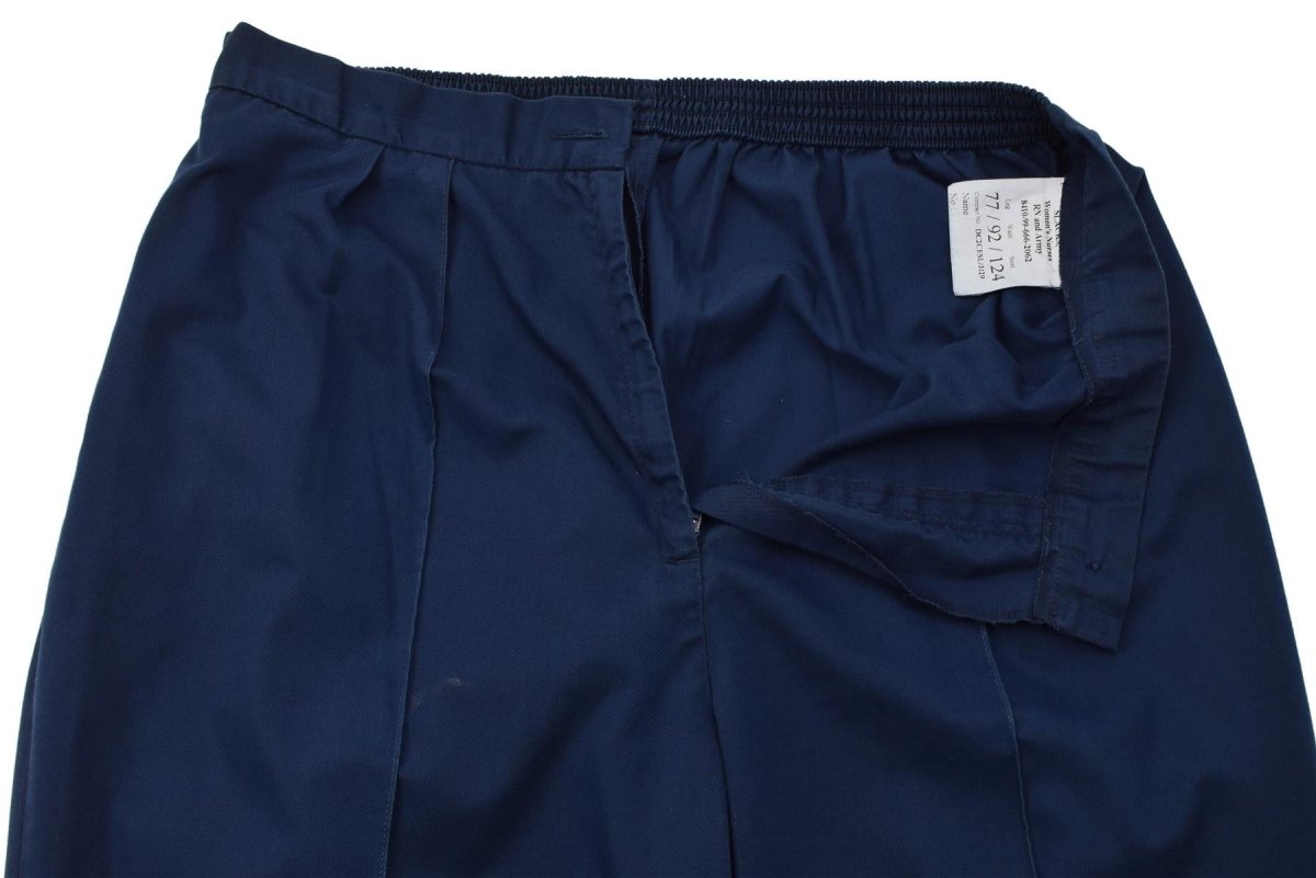 Pantaloni da medico originali dell'esercito britannico pieghettati sul davanti con elastico in vita blu navy
