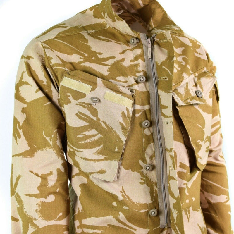 Original British army desert camo flame-resistant combat jacket with buttoned cuffs and multiple chest pockets