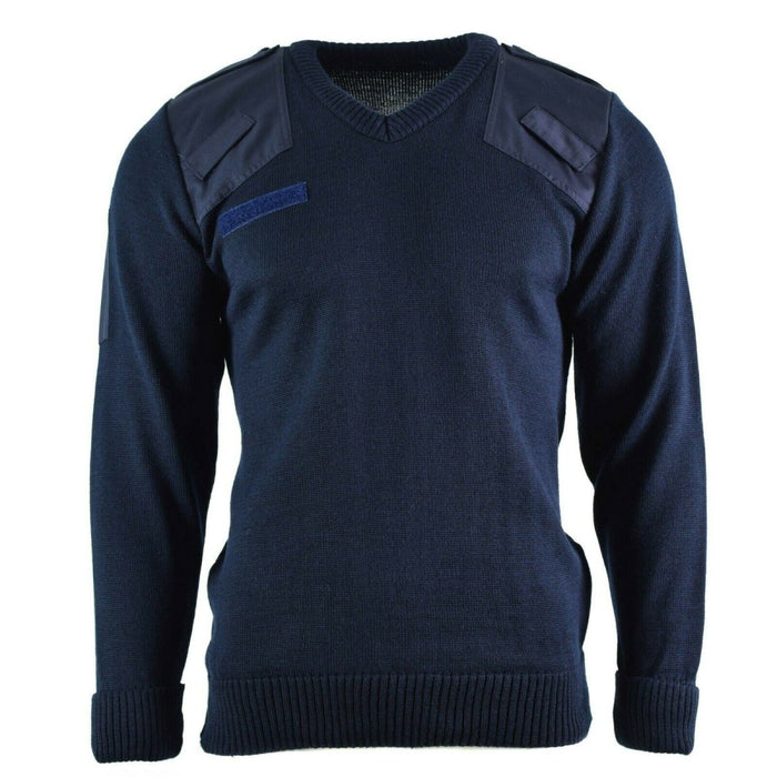 Maglione Commando Jumper della polizia dell'esercito britannico blu navy con scollo a V, spalle rinforzate e polsini e vita a coste.