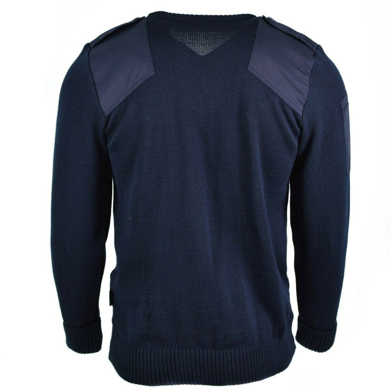Back view of navy blue British army police Commando Jumper with reinforced shoulders and ribbed cuffs and waist