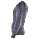 Side view of blue grey British Army Commando wool jumper with reinforced elbow and shoulder patches