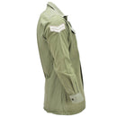 Side view of original British army olive green long sleeve military service shirt with rank insignia patch on sleeve