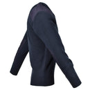 Navy blue British ex-police wool jumper with V-neck, shoulder epaulets, and reinforced patches for durability.