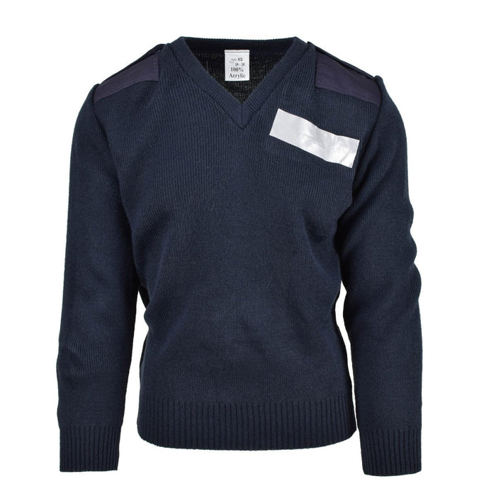 Maglione a V originale blu navy blu navy ex-polizia con spalline sulle spalle e tasca sul petto, resistente e caldo.