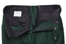 Close-up of dark green wool military dress pants waistband with zip fly and adjustable buttons inside
